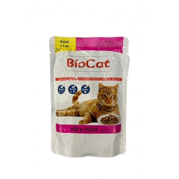 BIOCAT. Влажный корм для кошек. Курица и Печень в соусе. Упаковка 24шт.* 0.100кг