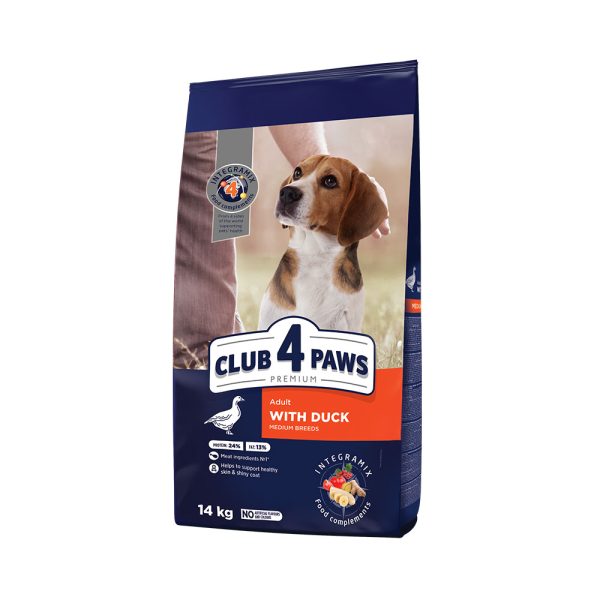 CLUB-4-PAWS-Премиум-Полнорационный-сухой-корм-собак-для-средних-пород-с-уткой-14-кг