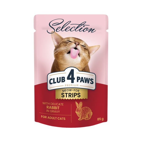 Club-4-Paws-Premium-Selection-Полоски-с-кроликом-в-соусе.-Полнорационный-консервированный-корм-для-взрослых-кошек.-Упаковка-12шт.---0.085-кг