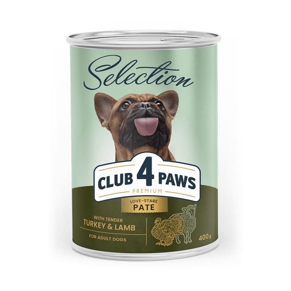 CLUB-4-PAWS-Премиум-Selection-влажный-полнорационный-корм-для-взрослых-собак-паштет-с-индейкой-и-ягнёнком-0.4-кг