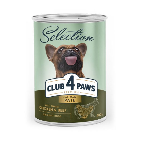 CLUB-4-PAWS-Премиум-Selection-влажный-полнорационный-корм-для-взрослых-собак-паштет-с-курицей-и-говядиной-0.4-кг