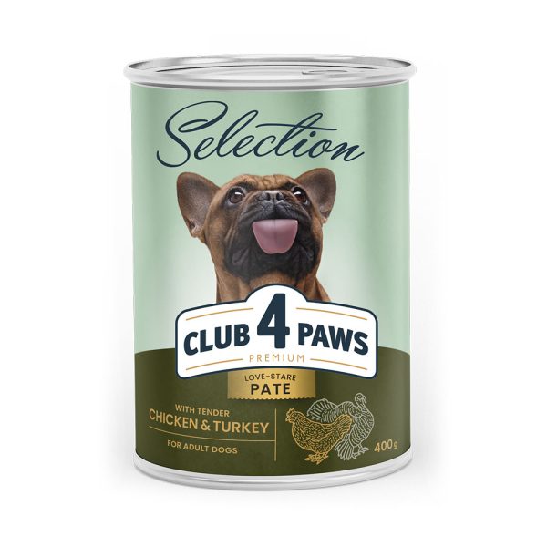 CLUB 4 PAWS Премиум Selection влажный полнорационный корм для взрослых собак паштет с курицей и индейкой 0.4 кг