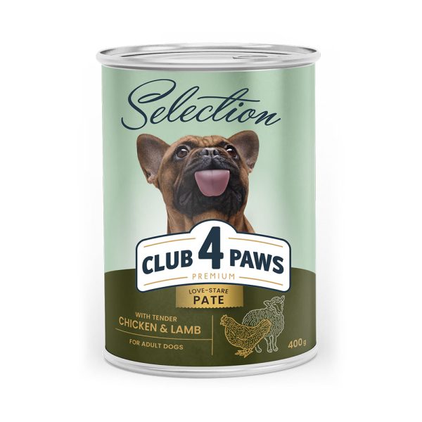 CLUB-4-PAWS-Премиум-Selection-влажный-полнорационный-корм-для-взрослых-собак-паштет-с-курицей-и-ягненком-0.4-кг