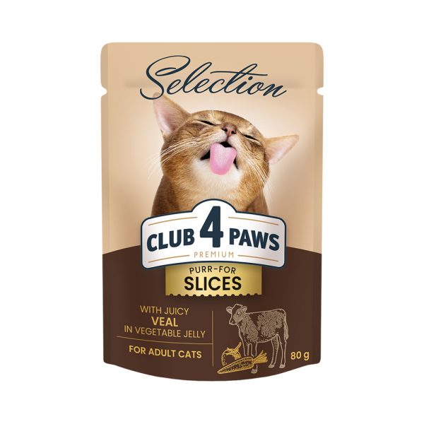 Club-4-Labele-Selectie-Premium.-Bucati-de-vitel-in-jeleu-de-legume.-Conserve-complete-pentru-pisici-adulte.-Pachet-12buc.---0,085-kg