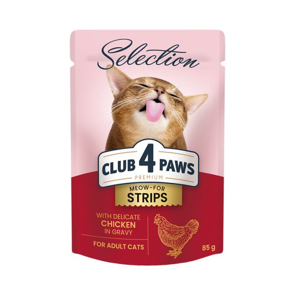 Club-4-Paws-Premium-Selection.-Полнорационный-консервированный-корм-для-взрослых-кошек-Полоски-курицы-в-соусе.-Упаковка-12шт.---0.085-кг