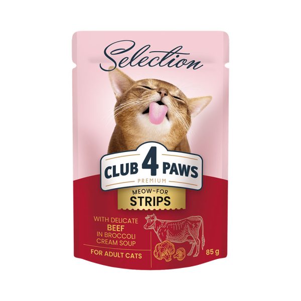 Club 4 Paws Premium Selection. Полоски говядины в крем-супе из брокколи. Полнорационный консервированный корм для взрослых кошек. Упаковка 12шт. * 0.085 кг