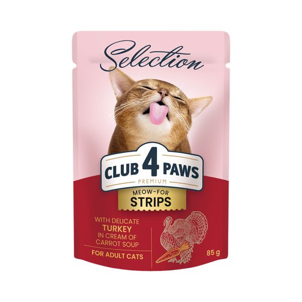 Club-4-Paws-Premium-Selection.-Fâșii-de-curcan-în-supă-de-morcovi.-Conserve-completă-pentru-pisici-adulte.-Pachet 12 buc.---0,085-kg