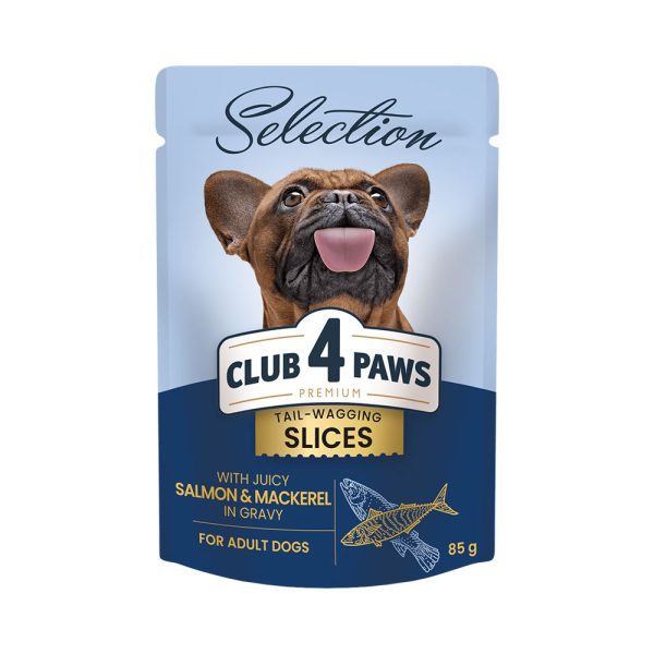 Club-4-Paws-Premium-Selection.-Βлажный-корм-для-взрослых-собак-малых-пород.-Кусочки-лосося-и-макрели-в-соусе.-Упаковка-12шт.---0.085-кг
