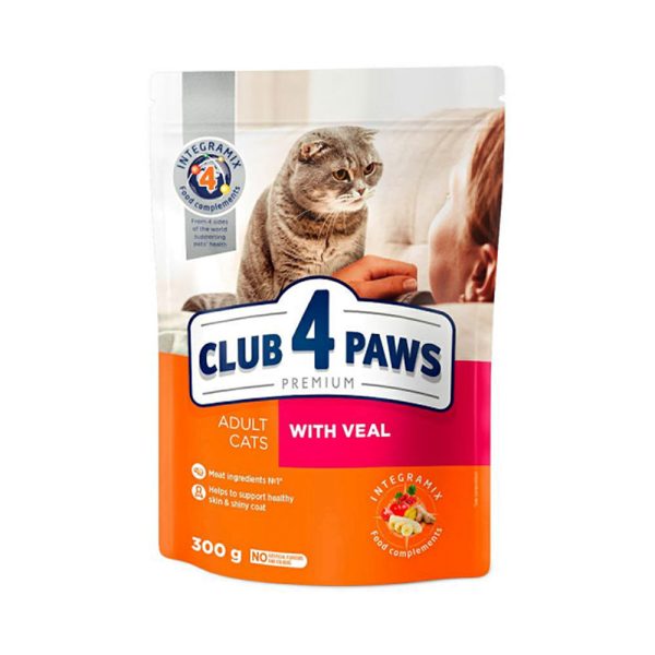 CLUB-4-PAWS-Premium-Hrana-uscata-pentru-pisici-adulte-cu-vitel.-0,3-kg