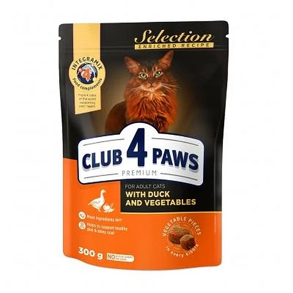 CLUB 4 PAWS Premium Hrană uscată pentru pisici adulte cu rață și legume. 0,3 kg