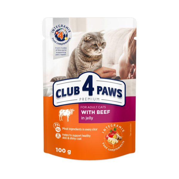 CLUB-4-PAWS-Hrana-umeda-Premium-pentru-pisici-adulte-cu-Vita-in-jeleu.-Pachet-24-buc.---0,1-kg