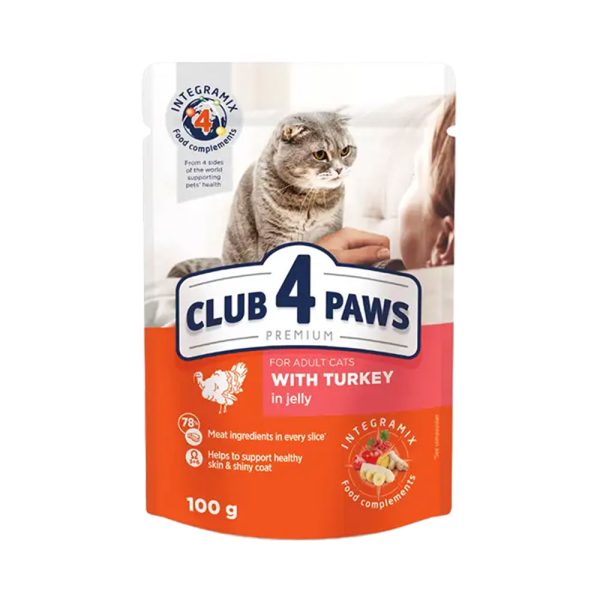 CLUB-4-PAWS-Premium-Hrana-umeda-pentru-pisici-adulte-cu-curcan-in-sos.-Pachet-24-buc.---0,1-kg