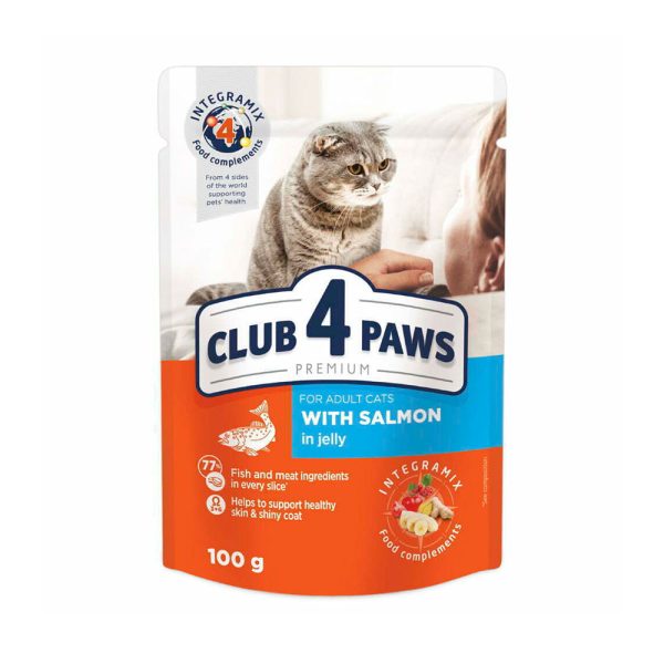 CLUB-4-PAWS-Hrana-umeda-Premium-pentru-pisici-adulte-cu-Somon-in-jeleu.-Pachet-24-buc.---0,1-kg