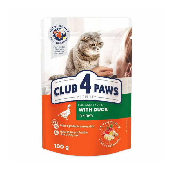 CLUB-4-PAWS-Hrana-umeda-Premium-pentru-pisici-adulte-cu-Rata-in-sos.-Pachet-24-buc.---0,1-kg