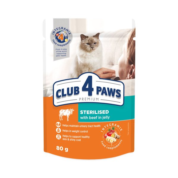 CLUB-4-PAWS-Премиум-Влажный-корм-для-взрослых-стерилизованных-кошек-с-Говядиной-в-желе.-Упаковка-24-шт.---0,08-кг