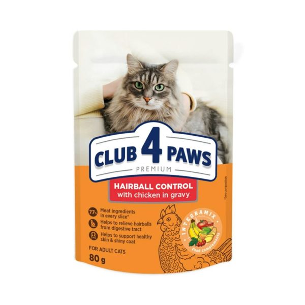 CLUB-4-PAWS-Hrana-umeda-Hairball-Control-pentru-pisici-Control-epilare-cu-Pui-in-sos.-Pachet-24-buc.---0,08-kg