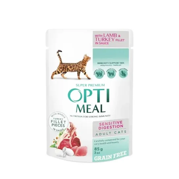 корм для взрослых кошек с чувствительным пищеварением с ягненком и филе индейки в соусе