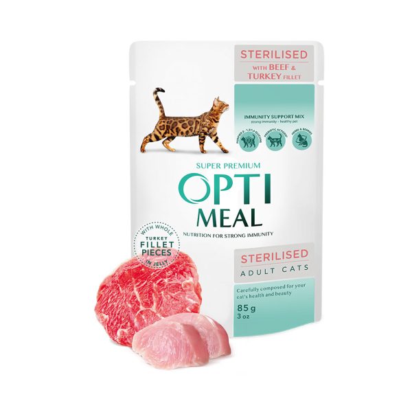 OPTIMEAL ™. Полнорационный консервированный корм для стерилизованных кошек и кастрированных котов с говядиной и филе индейки в желе Упаковка 12 шт.*0.085 кг