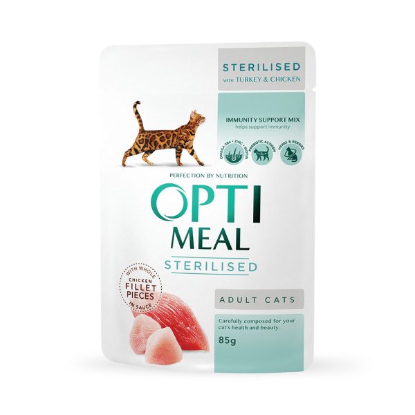 OPTIMEAL ™. Полнорационный консервированный корм для стерилизованных кошек и кастрированных котов с индейкой и куриным филе в соусе Упаковка 12 шт.*0.085 кг