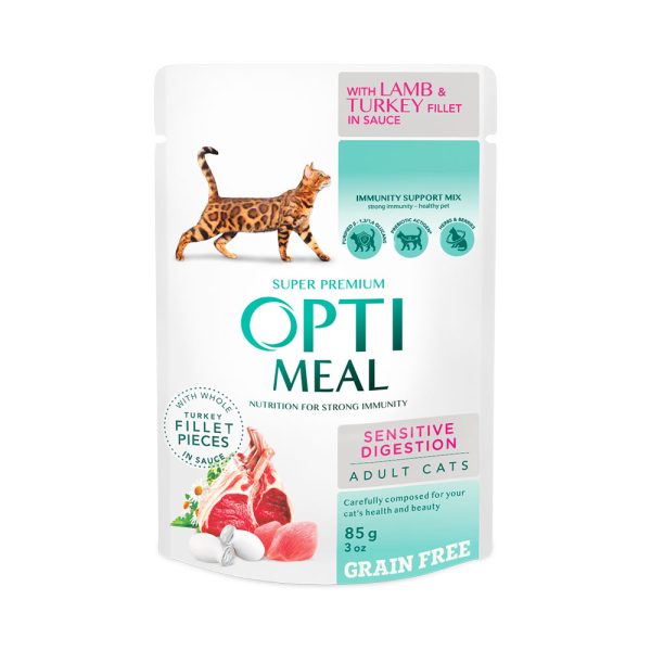 OPTIMEAL ™. Полнорационный консервированный корм для взрослых кошек с чувствительным пищеварением с ягненком и филе индейки в соусе Упаковка 12шт. * 0.085 кг