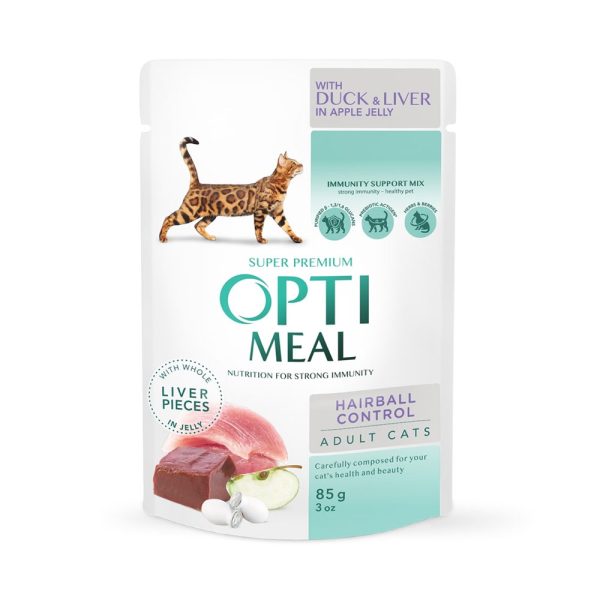 OPTIMEAL ™. Полнорационный консервированный корм для взрослых кошек с эффектом выведения шерсти, с уткой и кусками печени в яблочном желе Упаковка 12 шт.*0.085 кг