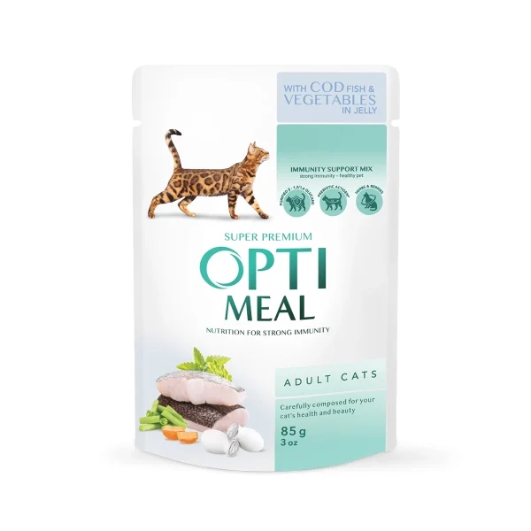 OPTIMEAL™. Conserve completă pentru pisici adulte cu cod și legume în jeleu Pachet 12 buc 0,085 kg